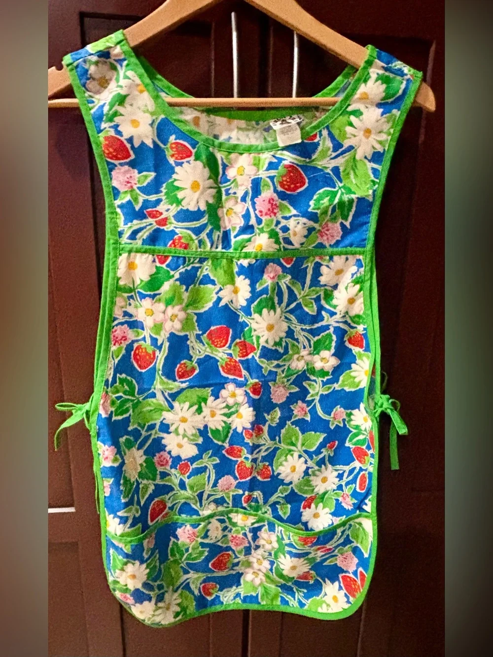 Bright Blue Floral Strawberry Kitchen / Art Class Apron with Green Trim